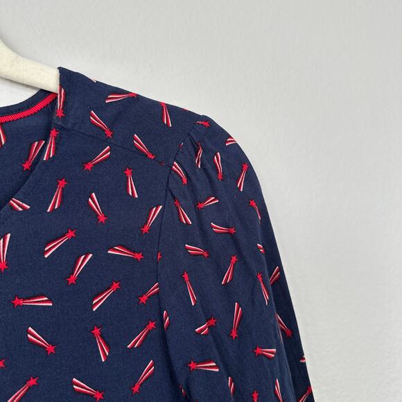 BODEN Kara Shooting Stars Blouse Navy Red Smocked Sleeves Button Front Size 10 - Picture 6 of 8
